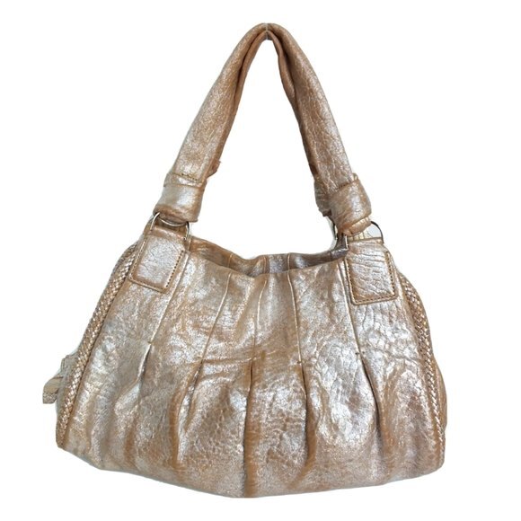 Cole Haan Metallic Leather Pleated Hobo Purse Distressed Look - Picture 1 of 16